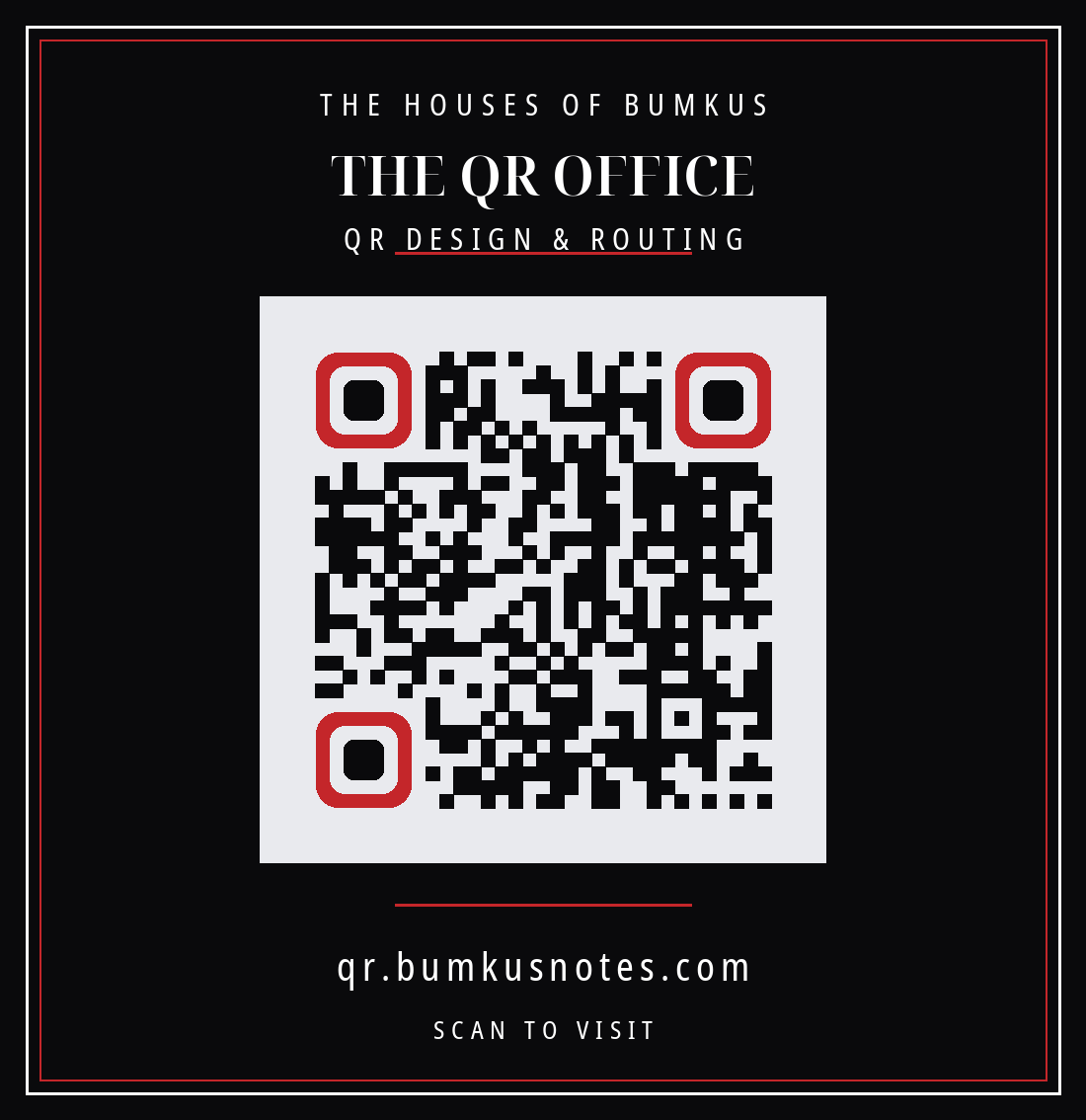 THE QR OFFICE — QR plaque. Scan to visit qr.bumkusnotes.com